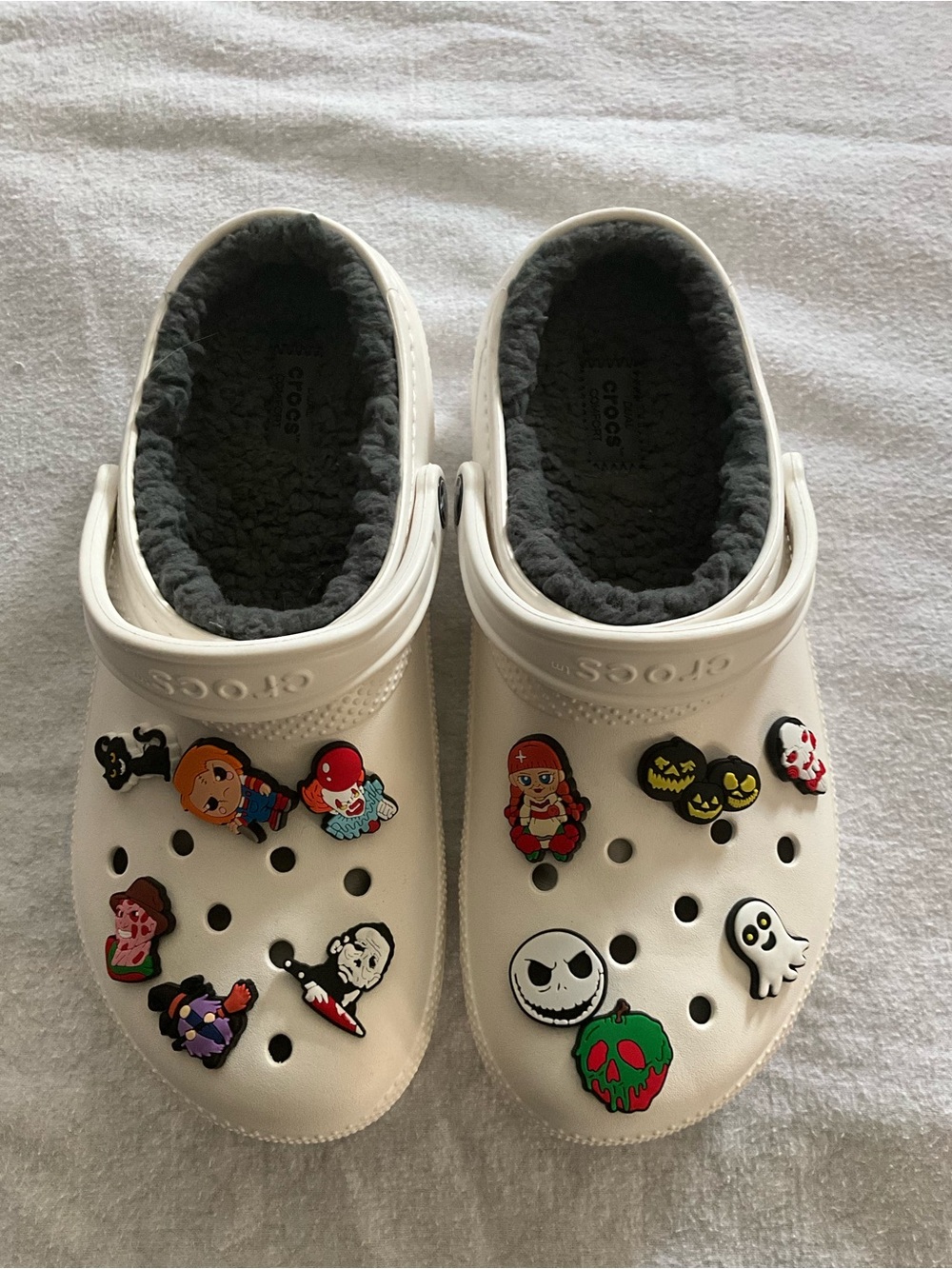 CROCS White Kids Clog with Gray Plush Lining and Halloween Jibbitz